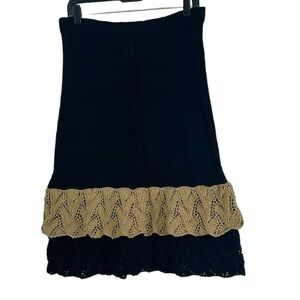 Handmade Crochet Black Tan Cottage Boho Whimsigoth Midi Ruffle Skirt MED Granny